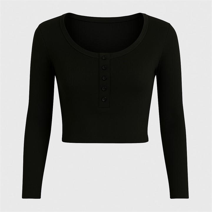 I Saw It First Women's Black Rib Button Long Sleeve Top in Size 12, Sports Direct