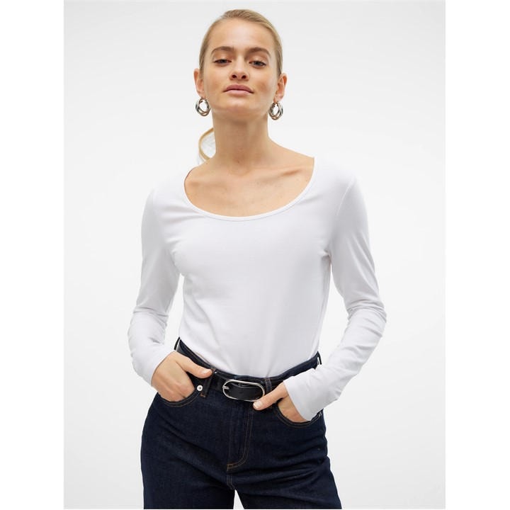 Vero Moda Women's White Maxi U-Neck Long-Sleeve T-Shirt in Size 14, Sports Direct