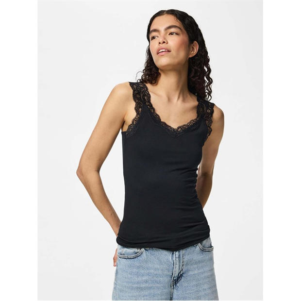 Black - Pieces - Women's Barbera Lace V-Neck Sleeveless Slim-Fit Tank Top
