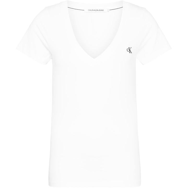 Calvin Klein Jeans Women's White Embroidery Stretch V-Neck T-Shirt Size 14