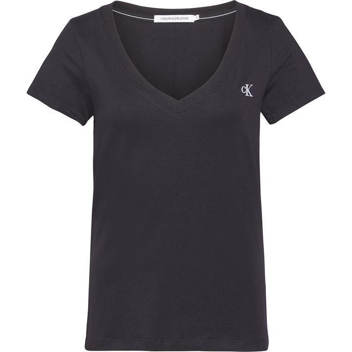 Calvin Klein Jeans Women's Black Embroidery Stretch V-Neck T-Shirt Size 10