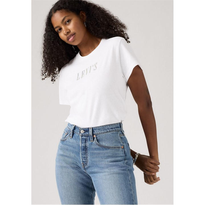 Levis Women's White Graphic Classic Rhinestone T-Shirt in Size 8, Sports Direct