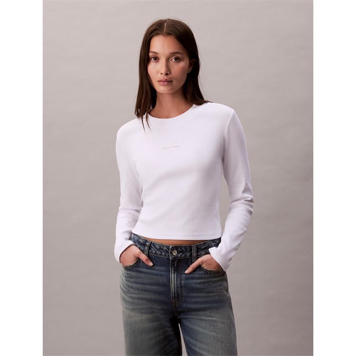 Calvin Klein Jeans Women's White Long-Sleeve Crop Top in Size 14, Sports Direct
