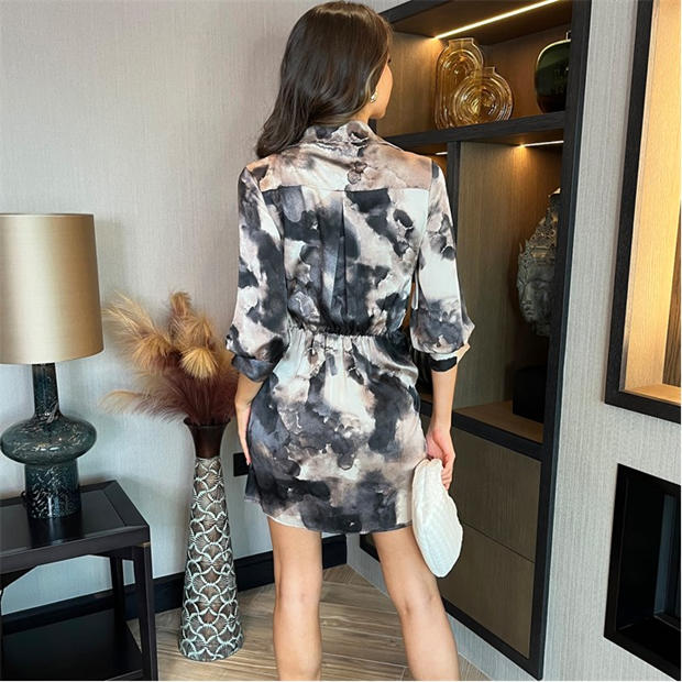 Multi - AX Paris - Marble Print Gathered Wrap Shirt Mini Dress