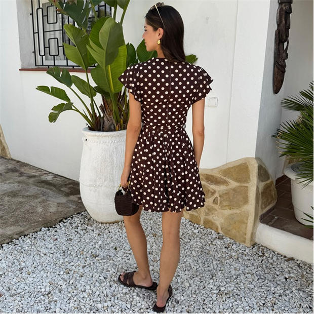 Chocolate - AX Paris - Chocolate Polka Dot Print Wrap Top Skater Mini Dress