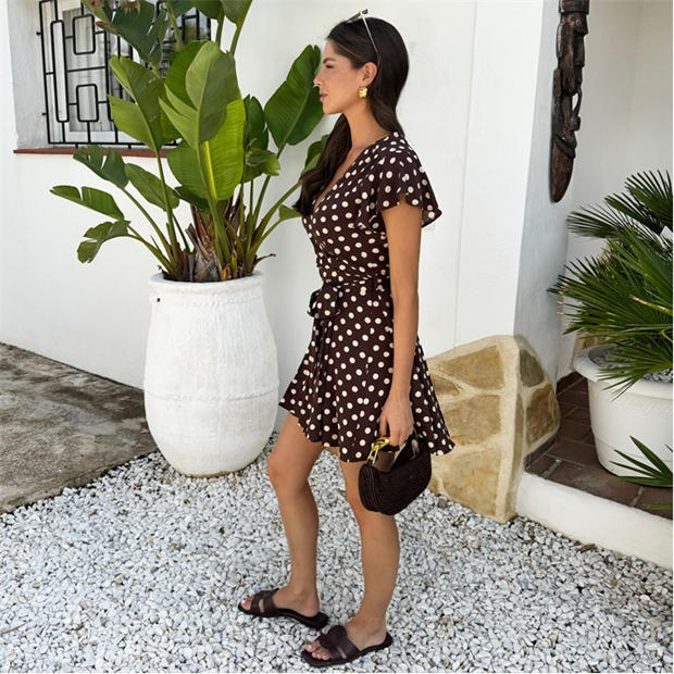 Chocolate - AX Paris - Chocolate Polka Dot Print Wrap Top Skater Mini Dress