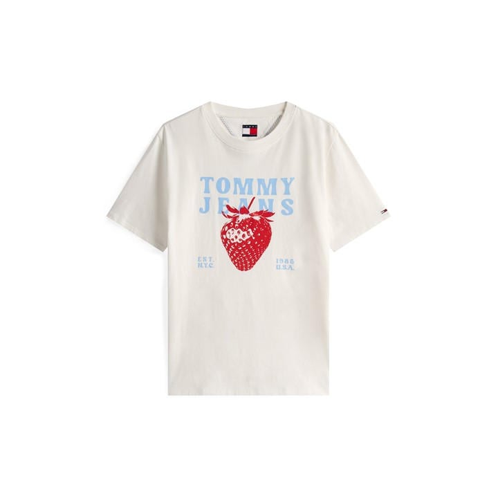 Tommy Jeans Women's Cream Tj Strawbs Regular Fit T-Shirt in Size 10, Sports Direct