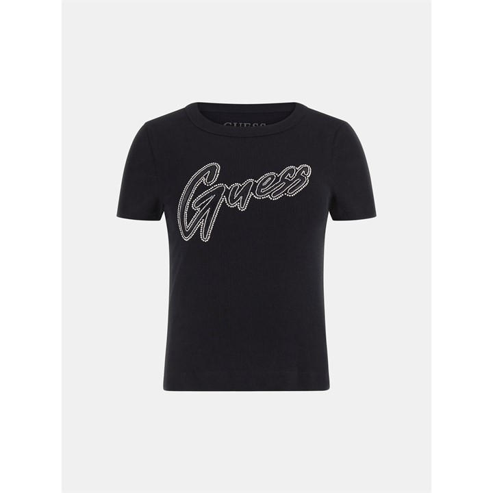 Guess Women's Black Short-Sleeve Rib Logo Slim Fit T-Shirt in Size 16, Sports Direct