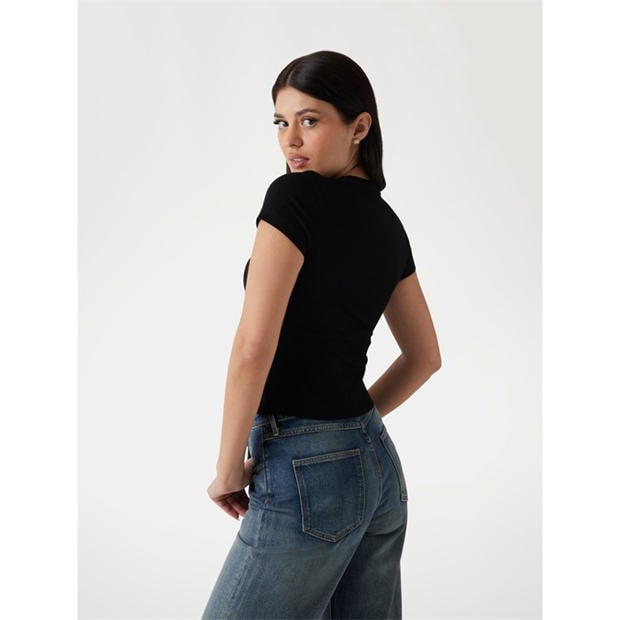 Jet Black - Guess - Women's Short-Sleeve Rib Logo Slim Fit T-Shirt