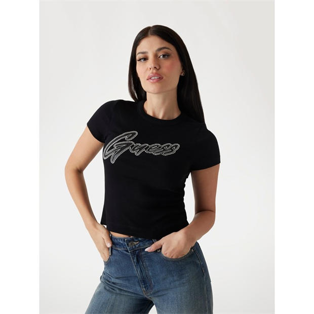 Jet Black - Guess - Women's Short-Sleeve Rib Logo Slim Fit T-Shirt