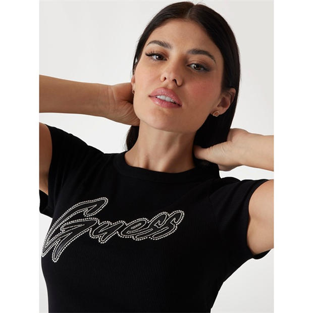 Jet Black - Guess - Women's Short-Sleeve Rib Logo Slim Fit T-Shirt