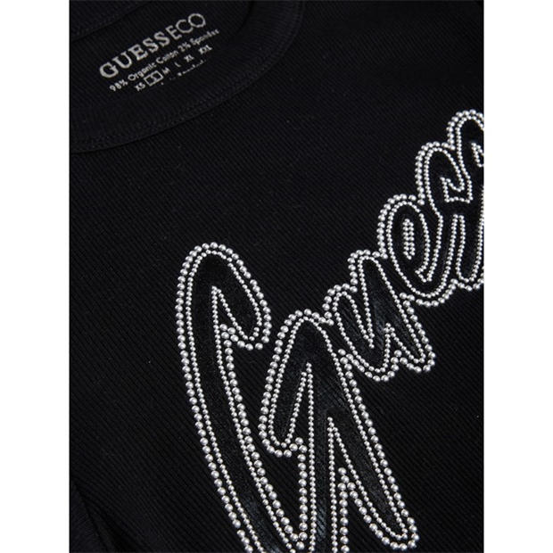Jet Black - Guess - Women's Short-Sleeve Rib Logo Slim Fit T-Shirt