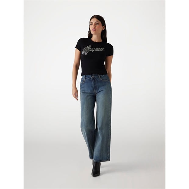Jet Black - Guess - Women's Short-Sleeve Rib Logo Slim Fit T-Shirt