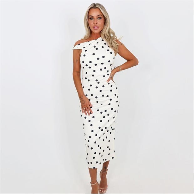 Cream/Black - AX Paris - Cream And Black Polka Dot Off The Shoulder Midi Dress