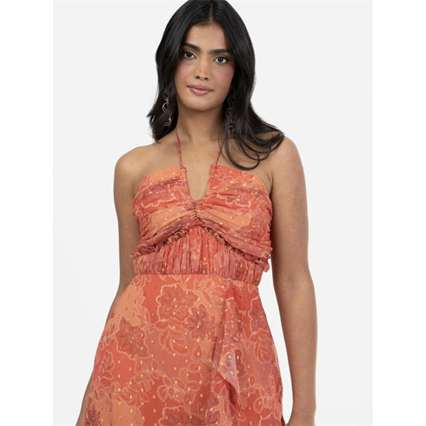 Rust - Anaya With Love - Anaya With Love Recycled Rust Halter Neck Floral Print Midaxi Dress