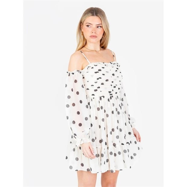 Cream - Anaya With Love - Anaya With Love Recycled Polka-Dot Bardot Maxi Sleeve Mini Dress