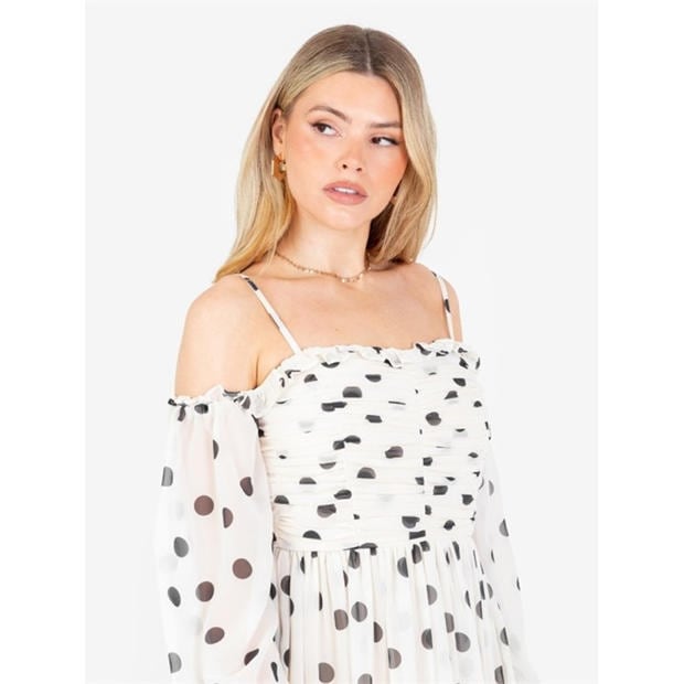 Cream - Anaya With Love - Anaya With Love Recycled Polka-Dot Bardot Maxi Sleeve Mini Dress