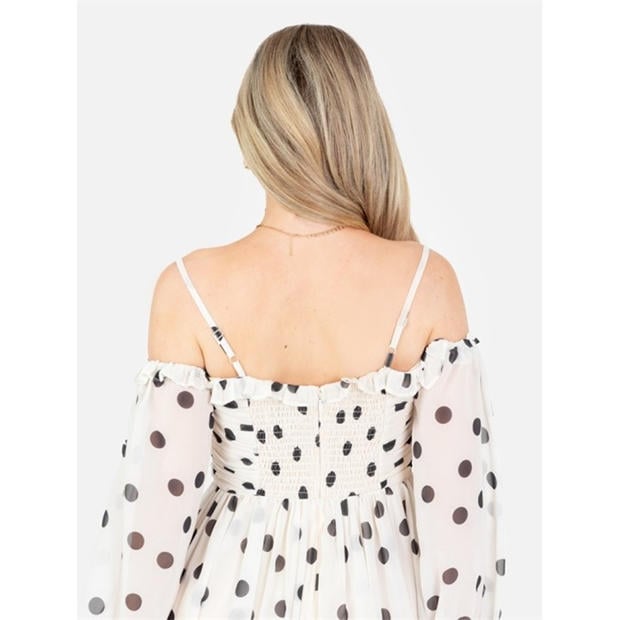 Cream - Anaya With Love - Anaya With Love Recycled Polka-Dot Bardot Maxi Sleeve Mini Dress
