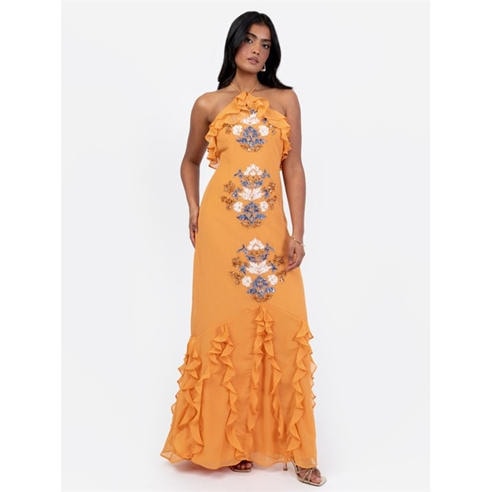 Maya Deluxe - Maya Orange Embellished Halter Neck Ruffled Maxi Dress