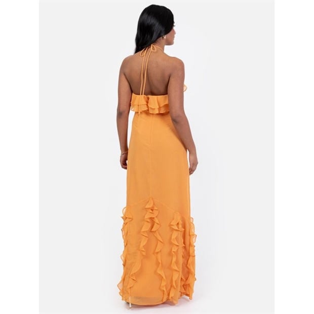 Orange - Maya Deluxe - Maya Orange Embellished Halter Neck Ruffled Maxi Dress
