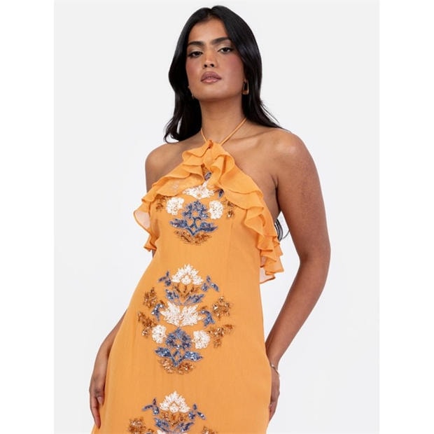 Orange - Maya Deluxe - Maya Orange Embellished Halter Neck Ruffled Maxi Dress