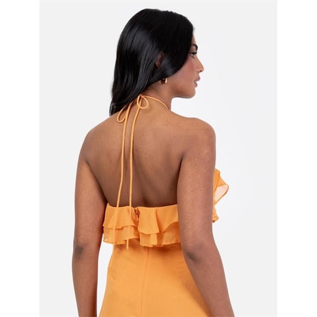 Orange - Maya Deluxe - Maya Orange Embellished Halter Neck Ruffled Maxi Dress