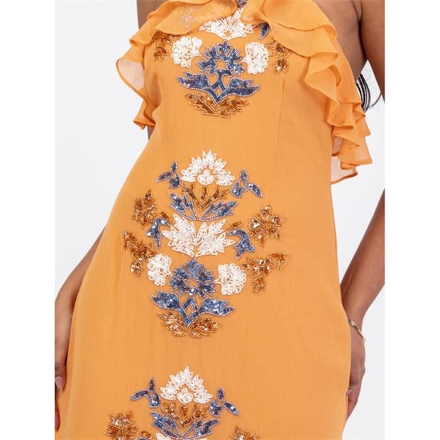 Orange - Maya Deluxe - Maya Orange Embellished Halter Neck Ruffled Maxi Dress