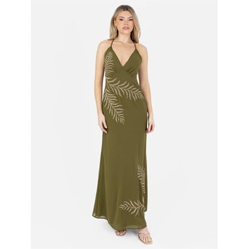Maya Deluxe - Maya Olive Palm Leaf Embellished Strappy Cross Back Maxi Dress