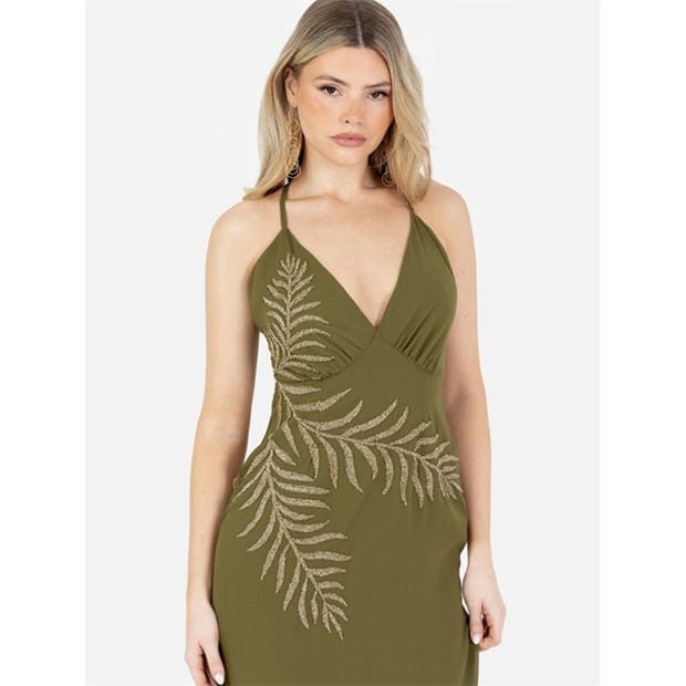 Olive - Maya Deluxe - Maya Olive Palm Leaf Embellished Strappy Cross Back Maxi Dress