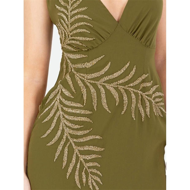 Olive - Maya Deluxe - Maya Olive Palm Leaf Embellished Strappy Cross Back Maxi Dress