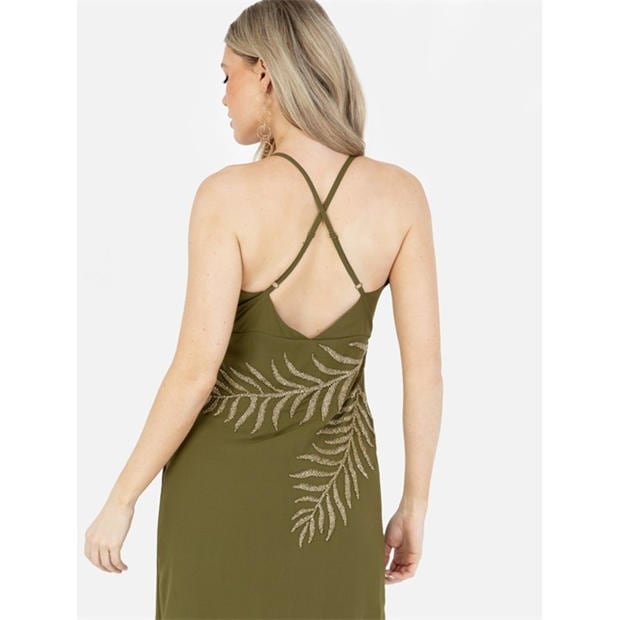 Olive - Maya Deluxe - Maya Olive Palm Leaf Embellished Strappy Cross Back Maxi Dress