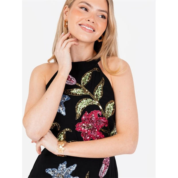 Black - Maya Deluxe - Maya Black Floral Embellished Halter Neck Mini Dress