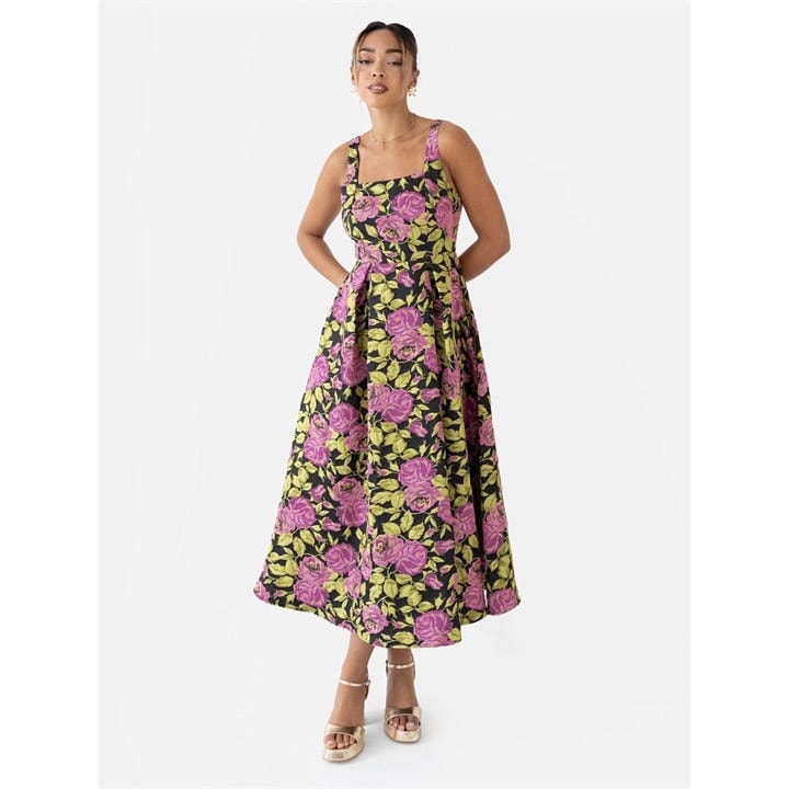 Maya Deluxe Women's Black Maya Floral Jacquard Strappy Square Neck Midi Dress With Pockets in Size 12, Sports Direct
