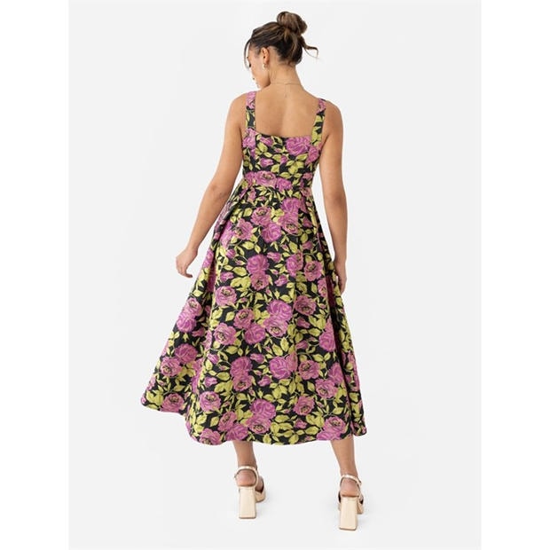 Black Floral - Maya Deluxe - Maya Floral Jacquard Strappy Square Neck Midi Dress with Pockets