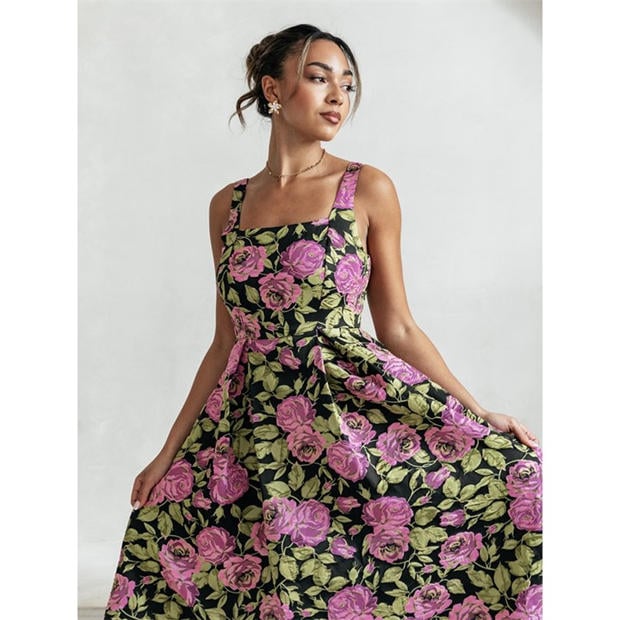 Black Floral - Maya Deluxe - Maya Floral Jacquard Strappy Square Neck Midi Dress with Pockets