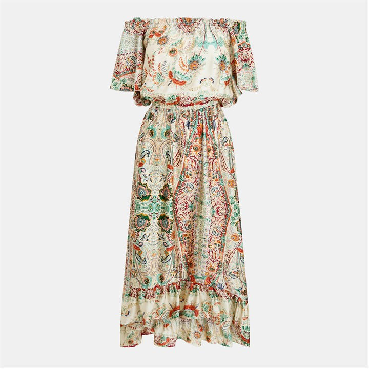 Paris  Women's  Paisley Printed Bardot Frill Hem Midi Dress, Football by AX  in Size 8, Sports Direct
