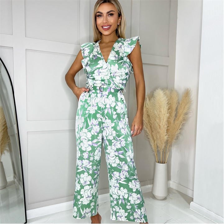 Paris  Women's  Printed Wrap Front Frill Sleeve Belted Jumpsuit, Football by AX  in Size 8, Sports Direct