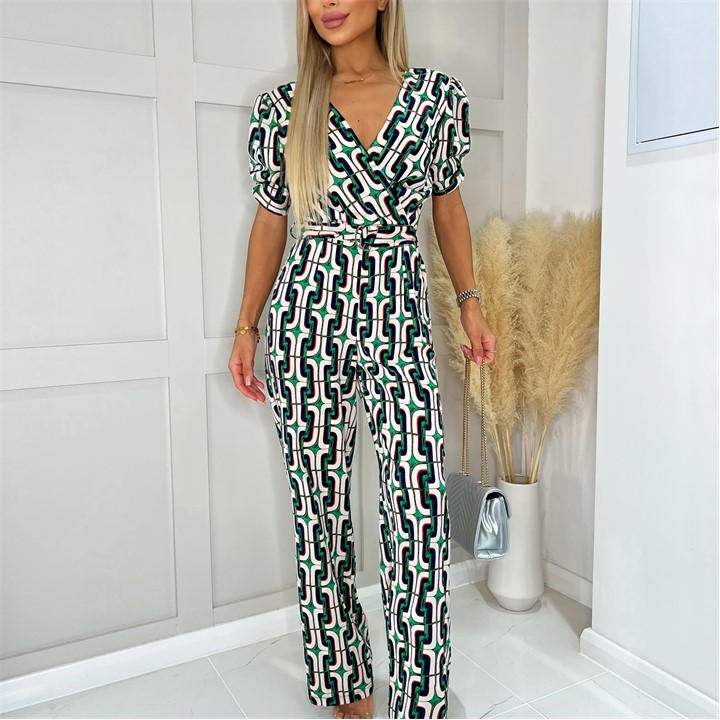 Paris  Women's  Geometric Printed Wrap Top Belted Jumpsuit, Football by AX  in Size 8, Sports Direct