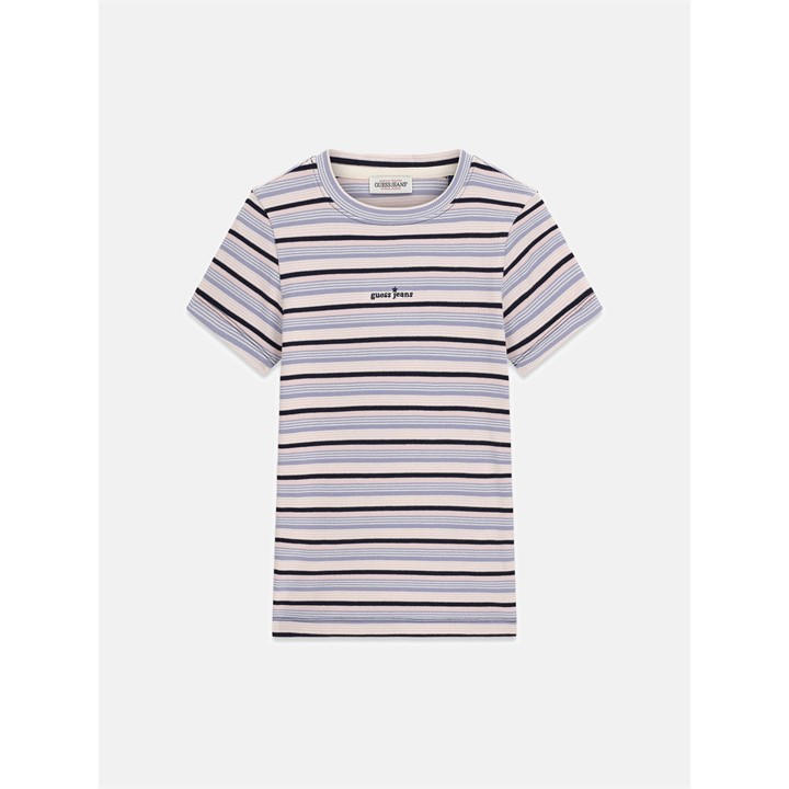 Guess Women's Blue Star Embroidered Cotton Rib Stripe Slim Fit T-Shirt in Size 16, Sports Direct