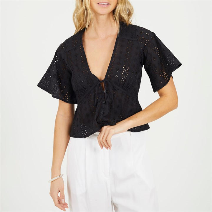 Brave Soul Women's Black Bs Broderie Anglaise Short Sleeve Shirt With Front Tie Detail in Size 10, Sports Direct