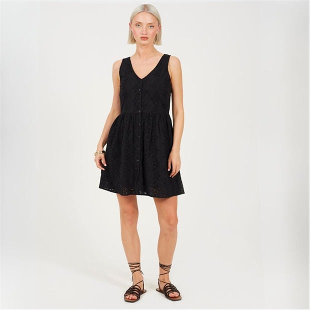 Black - Brave Soul - BS Broiderie Mini Dress with Button Fastening