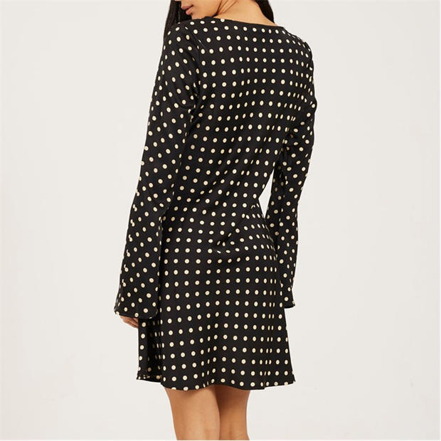 Black/Cream - Brave Soul - BS Womens Long Bell Sleeve Polka Dot Mini Dress