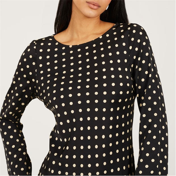 Black/Cream - Brave Soul - BS Womens Long Bell Sleeve Polka Dot Mini Dress