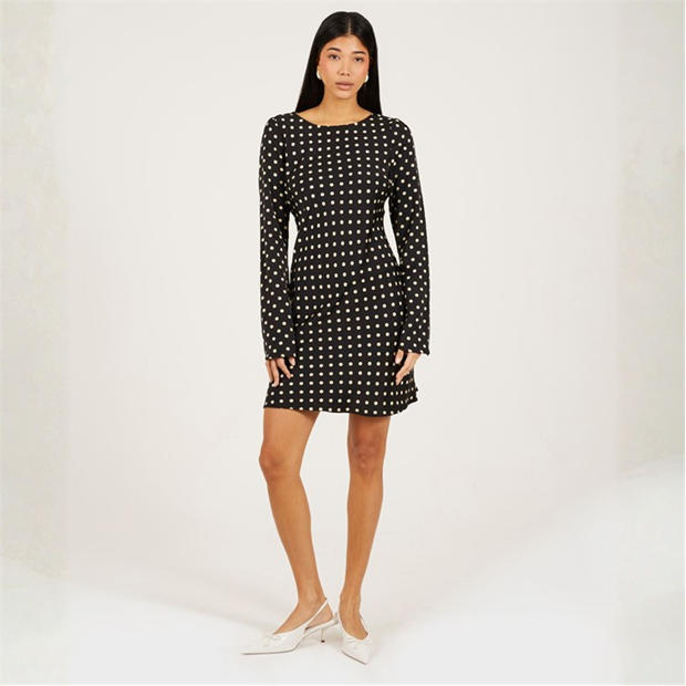 Black/Cream - Brave Soul - BS Womens Long Bell Sleeve Polka Dot Mini Dress