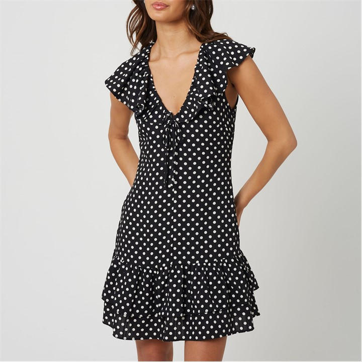 Brave Soul Women's Black Bs Mini Polka Dot Dress With Frill Detail in Size 10, Sports Direct