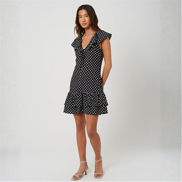 Black/Cream - Brave Soul - BS Womens Mini Polka Dot Dress with Frill Detail