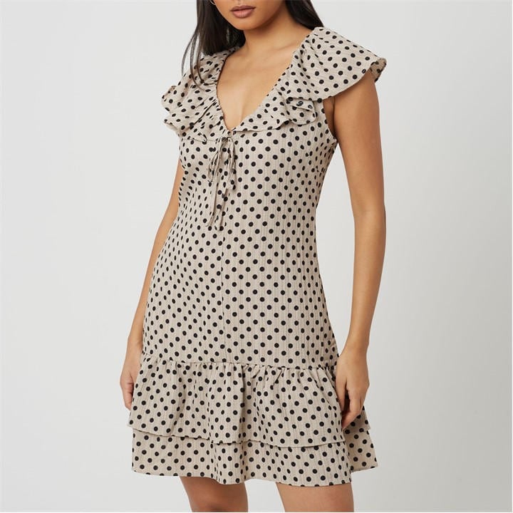 Brave Soul Women's Beige Bs Mini Polka Dot Dress With Frill Detail in Size 16, Sports Direct
