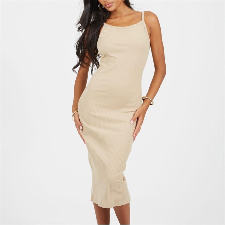 Brave Soul Women's Beige Jersey Bodycon Strappy Midi Dress in Size 14, Sports Direct