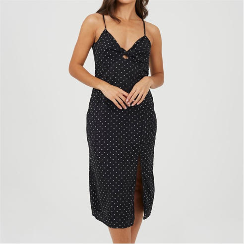 Brave Soul - Womens Polka Dot Midi Slip Dress with Slit Detail