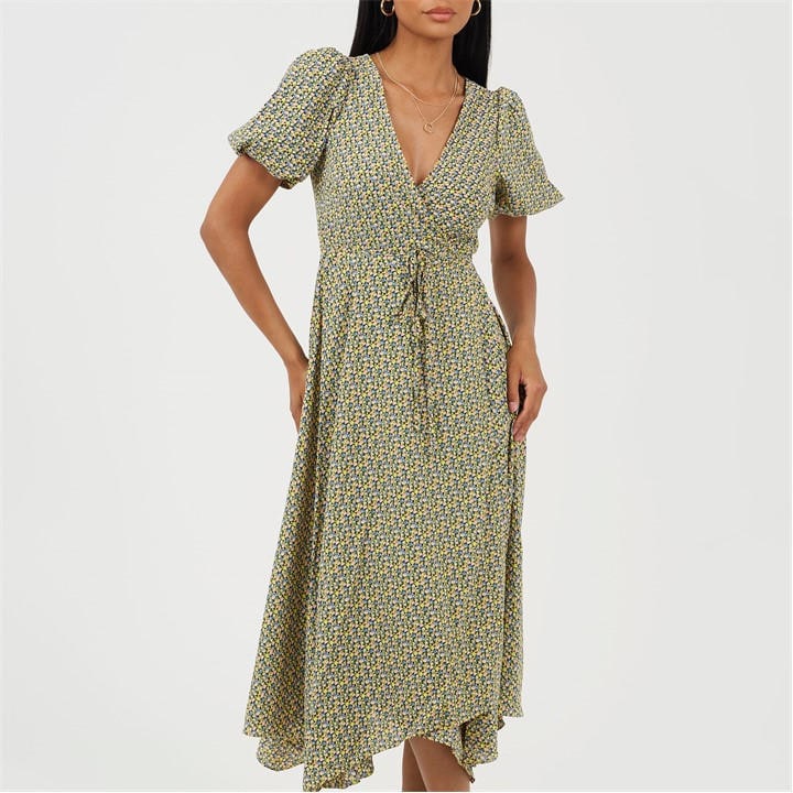 Brave Soul Women's Yellow V-Neck Midi Floral Wrap Dress in Size 8, Sports Direct